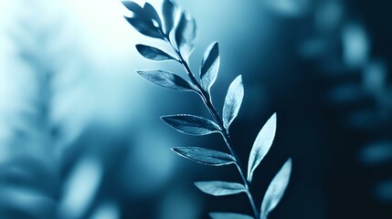 Poster - Delicate leaf branch silhouette in moody blue tones with soft bokeh background creates atmospheric nature composition for wellness and spa designs.