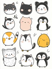 Poster - Cute animal stickers featuring playful designs of cats, penguins, and other characters for creative projects. Generative AI