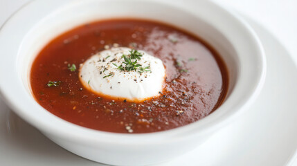 Wall Mural - Elegant Ukrainian borscht with sour cream served in a rustic French restaurant setting with soft lighting highlighting earthy tones