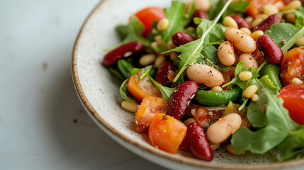 Wall Mural - A vibrant salad with white, red, and green beans topped with pine nuts and fresh vegetables on a white plate against a light background