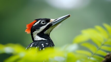 pileated woodpecker close-up portrait showing distinctive red crest and black and white feather patt
