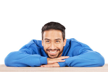 Aufkleber - Happy man, thinking and wonder on face for ideas, brainstorming or dream by table. Asian person, resting and excited by desk on isolated or transparent png background for choice, decision or option