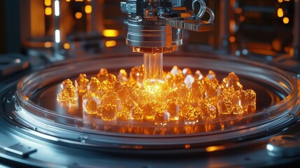 Poster - Futuristic robotic arm processing glowing orange crystals in an advanced manufacturing facility, showcasing innovative technology and industrial automation