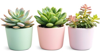 Wall Mural - Three potted succulents, pastel pots, white background, home decor, gardening