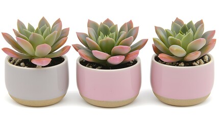 Wall Mural - Three succulents in pastel pots on white background; home decor, gift