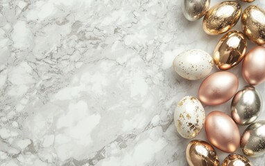 Wall Mural - Luxury mockup background with space for text featuring metallic Easter eggs in gold and rose gold arranged elegantly on a sleek marble surface for Easter