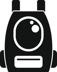 Poster - Black simple backpack with pocket and big round window showing bubbles inside, isolated vector illustration