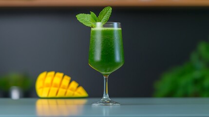 Wall Mural - Refreshing green smoothie in a glass garnished with mint, with a mango slice in the background