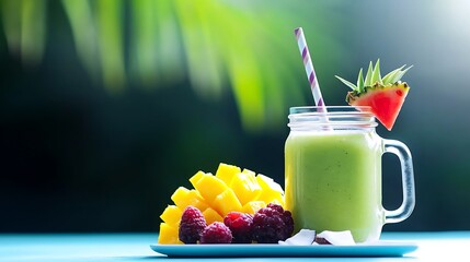 Wall Mural - Refreshing green smoothie in a jar with tropical fruits on a blue table, vibrant background