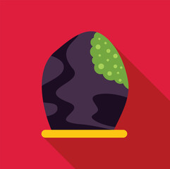 Poster - purple easter egg with green dots decoration sitting on a yellow support, celebrating easter holiday