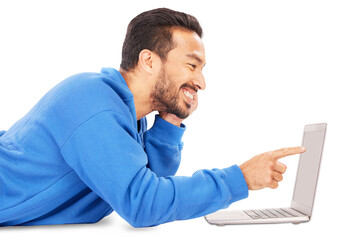 Aufkleber - Laptop, smile and pointing with a young man isolated on a transparent background for web browsing. Computer, internet and research with a happy young person on PNG to search for information online