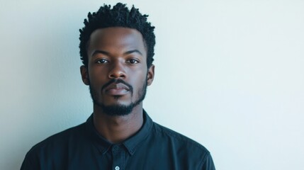 Poster - confident young black man with textured hair posing against a minimalist white wall wearing a black 