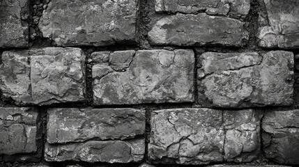 Poster - Rough-hewn bricks form a richly textured wall, each piece displaying unique patterns of wear and age. The muted gray tones add to its classic yet rustic appeal, perfect for historical settings