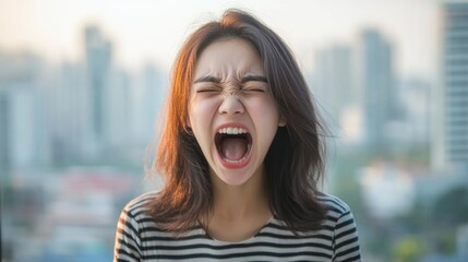 Canvas Print - Young Asian woman with medium brown hair passionately screaming in front of checkered windows featuring a blurred cityscape background during daytime.