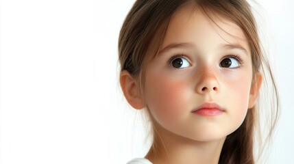 Wall Mural - Portrait of a thoughtful young girl with brown eyes and light brown hair looking upwards against a soft white background, capturing innocence and curiosity.