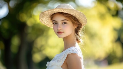 Wall Mural - Young woman in straw hat and white summer dress standing in lush green park surrounded by gentle sunlight and trees showcasing serene beauty.