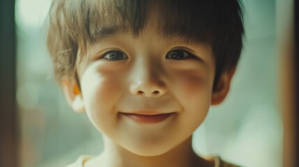 Wall Mural - Smiling closeup portrait of a young Asian boy with short dark hair glowing in natural light, capturing innocence and joy indoors