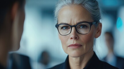 Poster - Mature female executive with glasses focused on presentation in corporate office setting, discussing project ideas with diverse female team in boardroom.