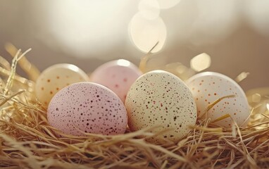 Wall Mural - Mockup background with space for text featuring softly speckled pastel Easter eggs arranged in a natural straw nest for a warm and rustic holiday theme for Easter