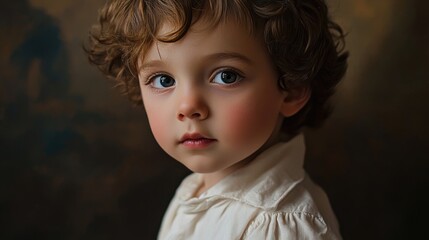 Wall Mural - Adorable portrait of a 4-year-old boy with curly brown hair and expressive blue eyes, set against a blurred background of warm earthy tones.