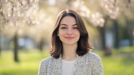 Wall Mural - Cheerful young brunette woman with long hair smiling in a green spring park surrounded by blooming flowers and soft natural light.