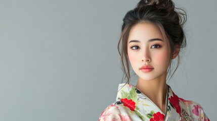 Wall Mural - young asian woman in colorful floral kimono gracefully posing against soft grey background highlighting traditional Japanese clothing elegance