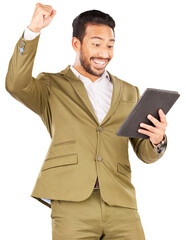 Leinwandbilder - Happy, celebration and business with man, tablet or investor isolated on transparent background. Finance, person or employee with tech, stock market newsletter or png with achievement, app or excited
