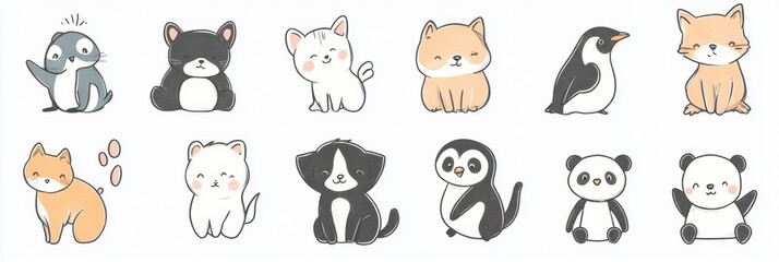 Fototapete - Collection of cute animal stickers featuring various adorable characters in playful poses and soft colors. Generative AI