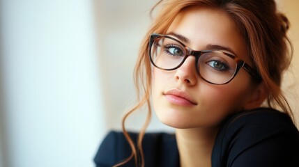 Confident young woman in stylish eyewear with flowing auburn hair, sitting indoors, featuring a modern business attire and soft natural lighting.