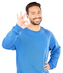 Poster - Asian man, portrait and okay hands for vote, agreement or support with gesture. Male person, model and smile with happiness on isolated or transparent png background for yes emoji, thank you and sign