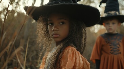 Children in Halloween costumes featuring African American girl in orange dress and black witch hat with Caucasian boy in dark wizard attire, autumn setting.