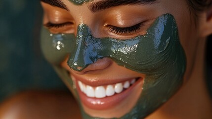 Sticker - young woman applying green cosmetic mask on her smiling face with radiant skin in serene indoor setting natural light shining on her features