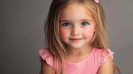 Wall Mural - Studio portrait of young girl with long blonde hair and blue eyes wearing pink dress, against soft gray background, smiling and posing for camera.