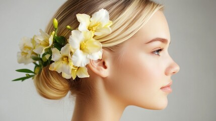 Wall Mural - Profile portrait of a young beautiful blonde woman with long hair adorned with delicate white freesia flowers, softly illuminated against a neutral background.