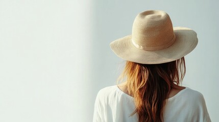 Wall Mural - Stylish woman with long brown hair wearing a light beige safari hat, facing away against a soft white background, embodying summer fashion and adventure.