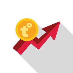 Poster - Tugrik currency is going up, represented by a gold coin with the mongolian tugrik symbol and a red arrow pointing upwards