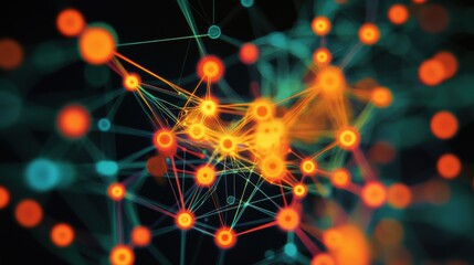 Aufkleber - Complex network of interconnected nodes communicating and exchanging data, symbolizing innovative manufacturing processes in a futuristic setting with vibrant colors