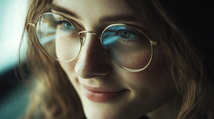 Wall Mural - Smiling young woman with curly brown hair wearing round gold-rimmed glasses in a soft-lit studio setting highlighting her blue eyes.