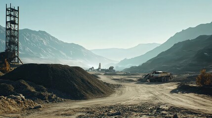 a serene landscape showcasing rugged mountains and a dusty road leading to distant machinery
