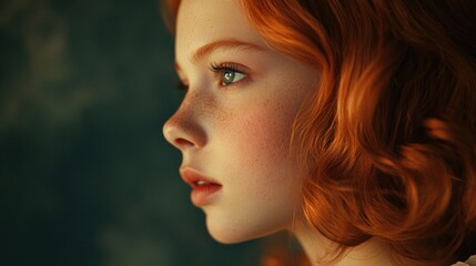 Sticker - Profile of a thoughtful young girl with vibrant red curly hair and freckles gazing contemplatively against a soft blue-green background.