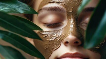 Poster - Beautiful young woman with clay facial mask surrounded by green leaves in a tranquil spa environment focusing on skincare and beauty wellness.