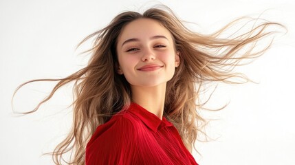 Sticker - Joyful young woman with flowing hair in a bright red blouse smiling at the camera with playful expressions against a white studio background.