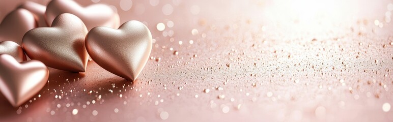 Wall Mural - Elegant rose gold background with 3D metallic hearts and delicate light reflections, ideal for Saint Valentines Day and 8 March International Womens Day mockup design