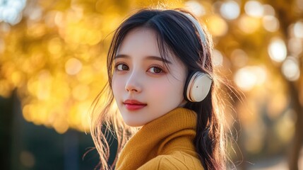 Wall Mural - Young woman enjoying music with headphones in vibrant autumn park, wearing a stylish yellow sweater, surrounded by warm orange and golden foliage.