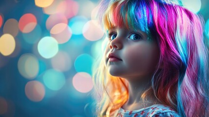 Poster - Glamorous close-up portrait of a young girl with vibrant rainbow wig against a colorful disco light background, showcasing playful innocence and charm.