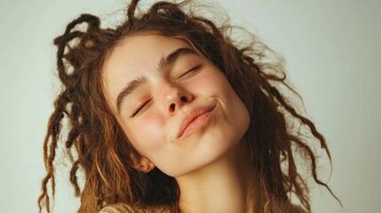 Poster - Brunette young woman with curly dreadlocks making a playful expression with closed eyes, light background, portrait photography, joyful mood.