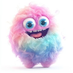 Wall Mural - cute cotton candy monster with a fluffy, pastel-colored body, swirly eyes, and a happy smile, isolated on white