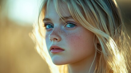 Wall Mural - Close-up portrait of a young girl with long blonde hair and blue eyes, featuring freckles, set against a soft golden background.