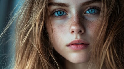 Sticker - Positive young woman with long wavy blonde hair and striking blue eyes, close-up portrait highlighting freckles and natural beauty indoors.