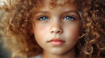 Wall Mural - portrait of a beautiful young curly-haired girl with striking blue eyes and soft natural makeup, capturing innocence and charm in a close-up setting